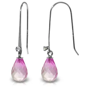 1.38 Carat 14K Solid White Gold Fish Hook Earrings Diamond Pink Topaz