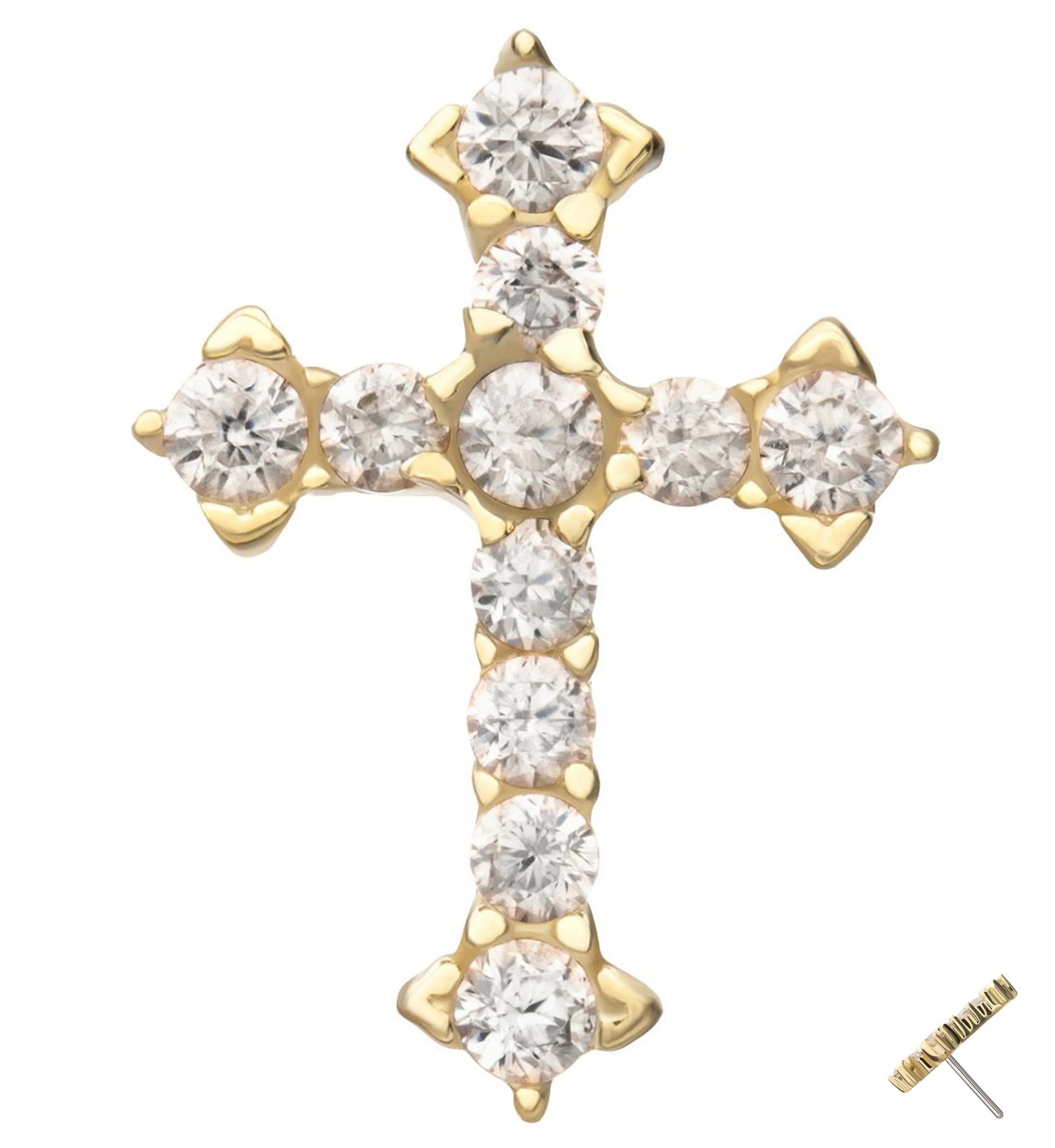 14kt Gold Baroque Cross Clear CZ Threadless Top