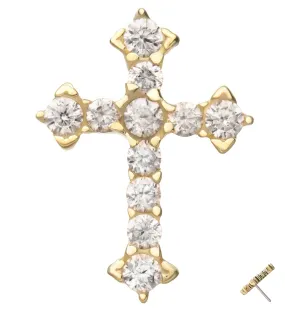 14kt Gold Baroque Cross Clear CZ Threadless Top