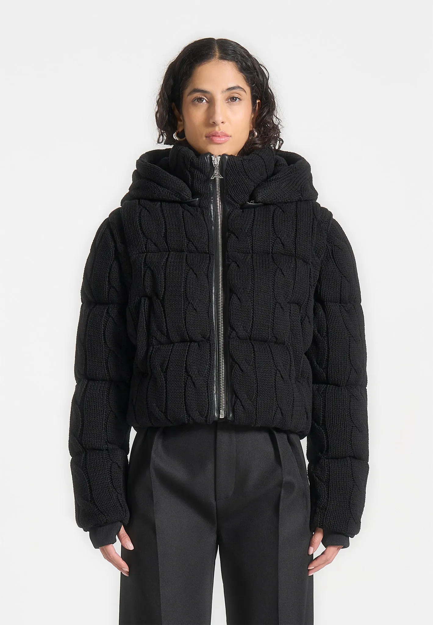 2-in-1 Cable Knit Puffer Jacket/Gilet - Black