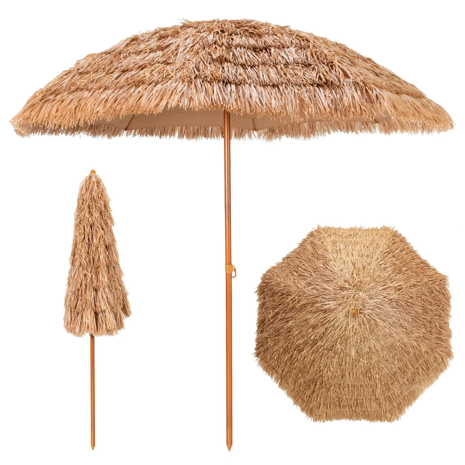 205 cm Thatched Tiki Patio Umbrella with 8 Ribs for Sun Protection