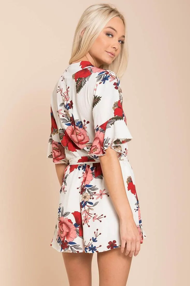 Abril Floral Romper White/Red