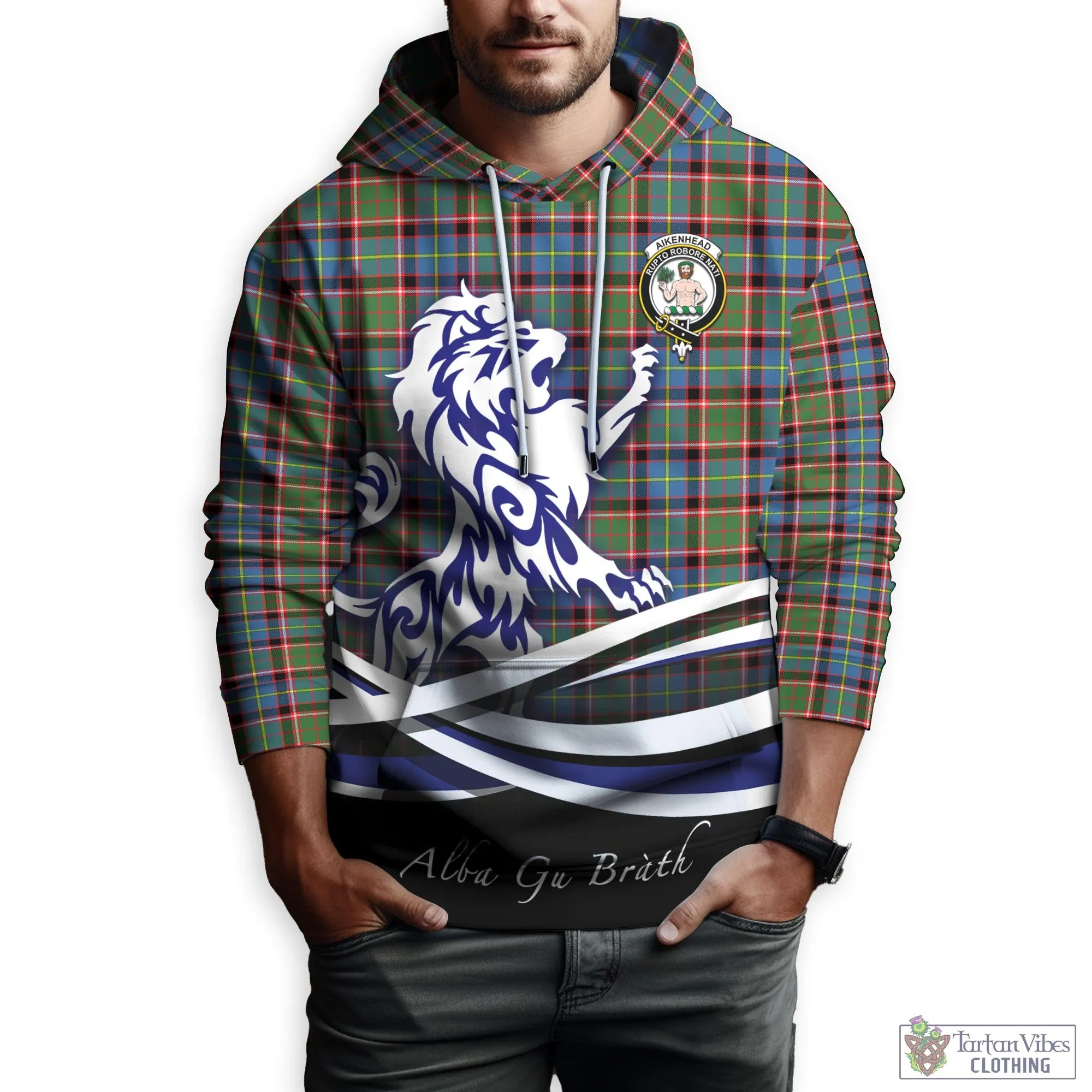 Aikenhead Tartan Hoodie with Alba Gu Brath Regal Lion Emblem