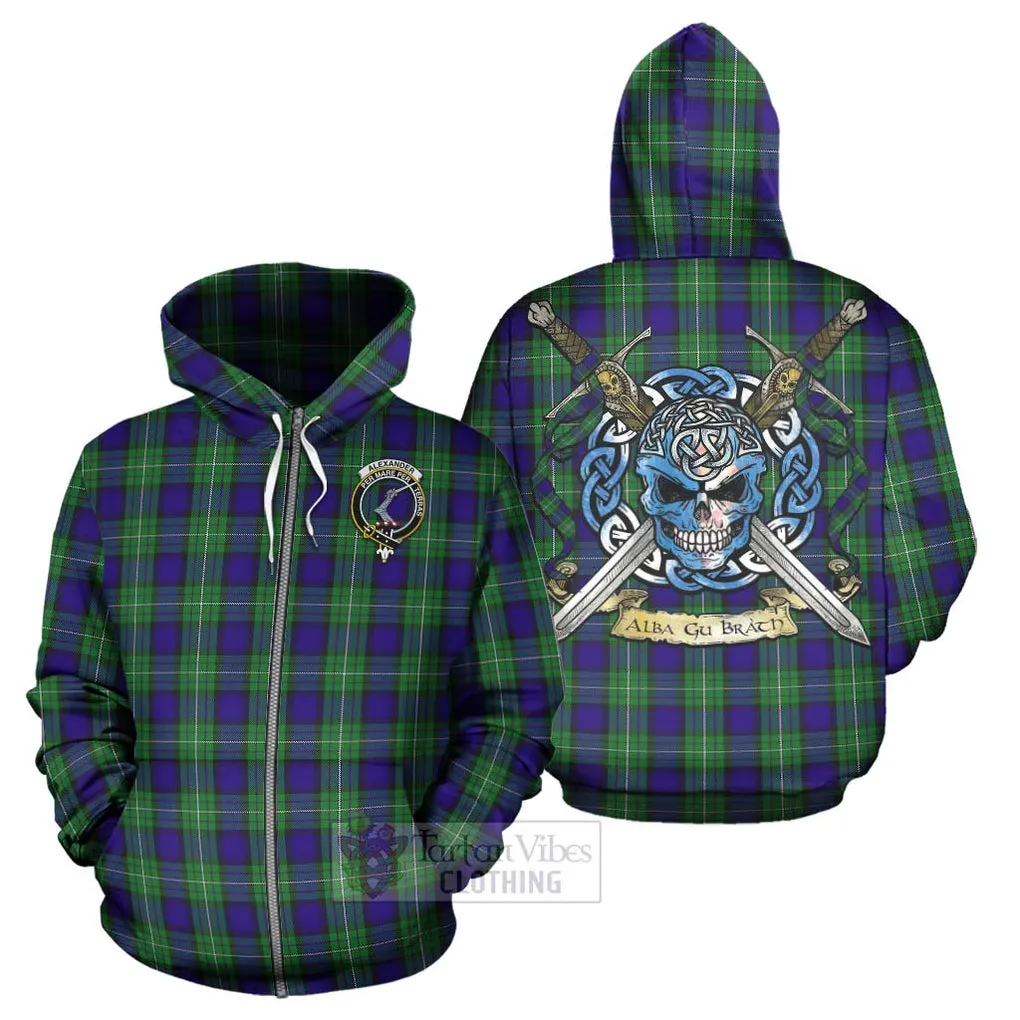 Alexander Tartan Hoodie with Family Crest Celtic Skull Style