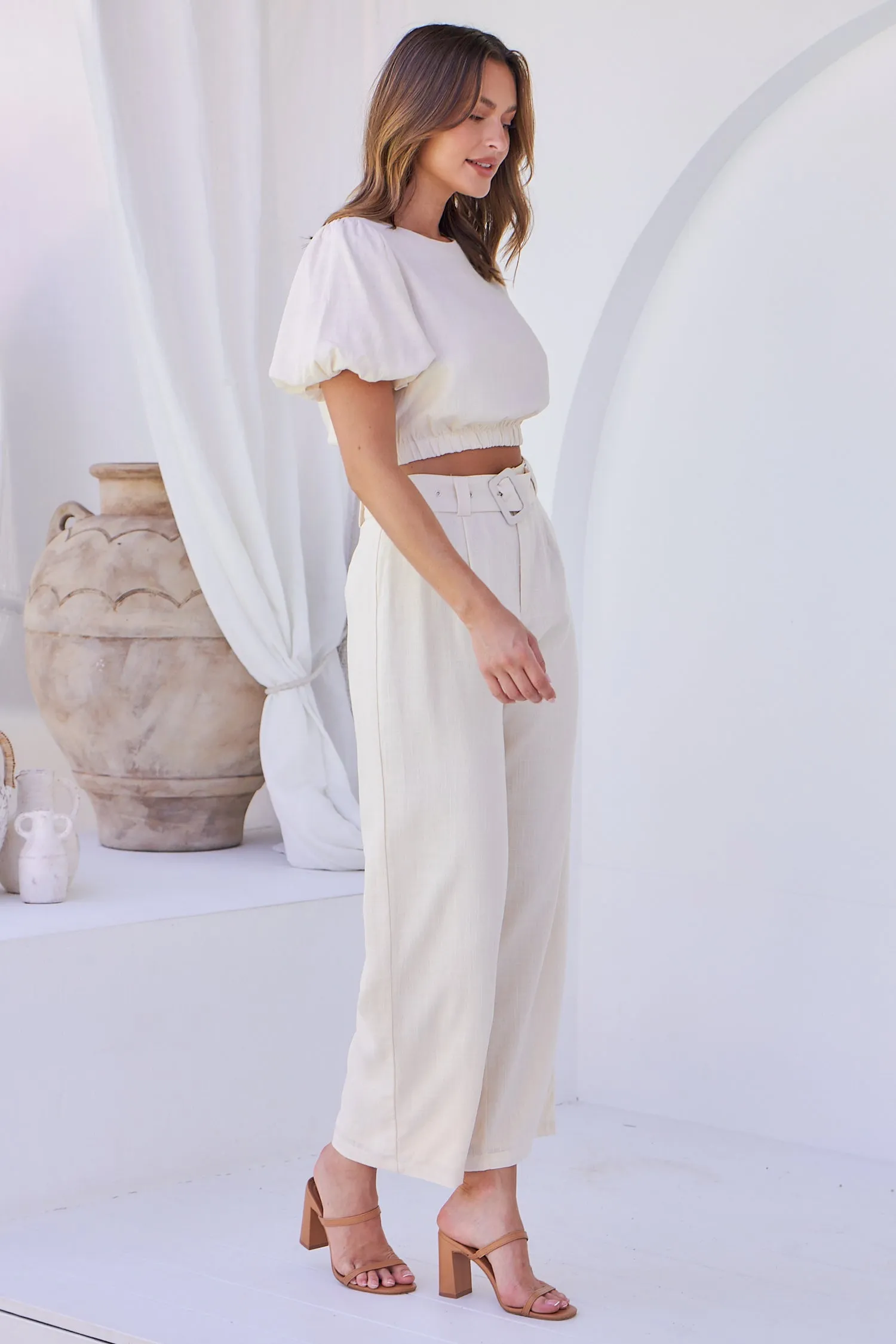 Alina Cream Top and Belted Pant Set