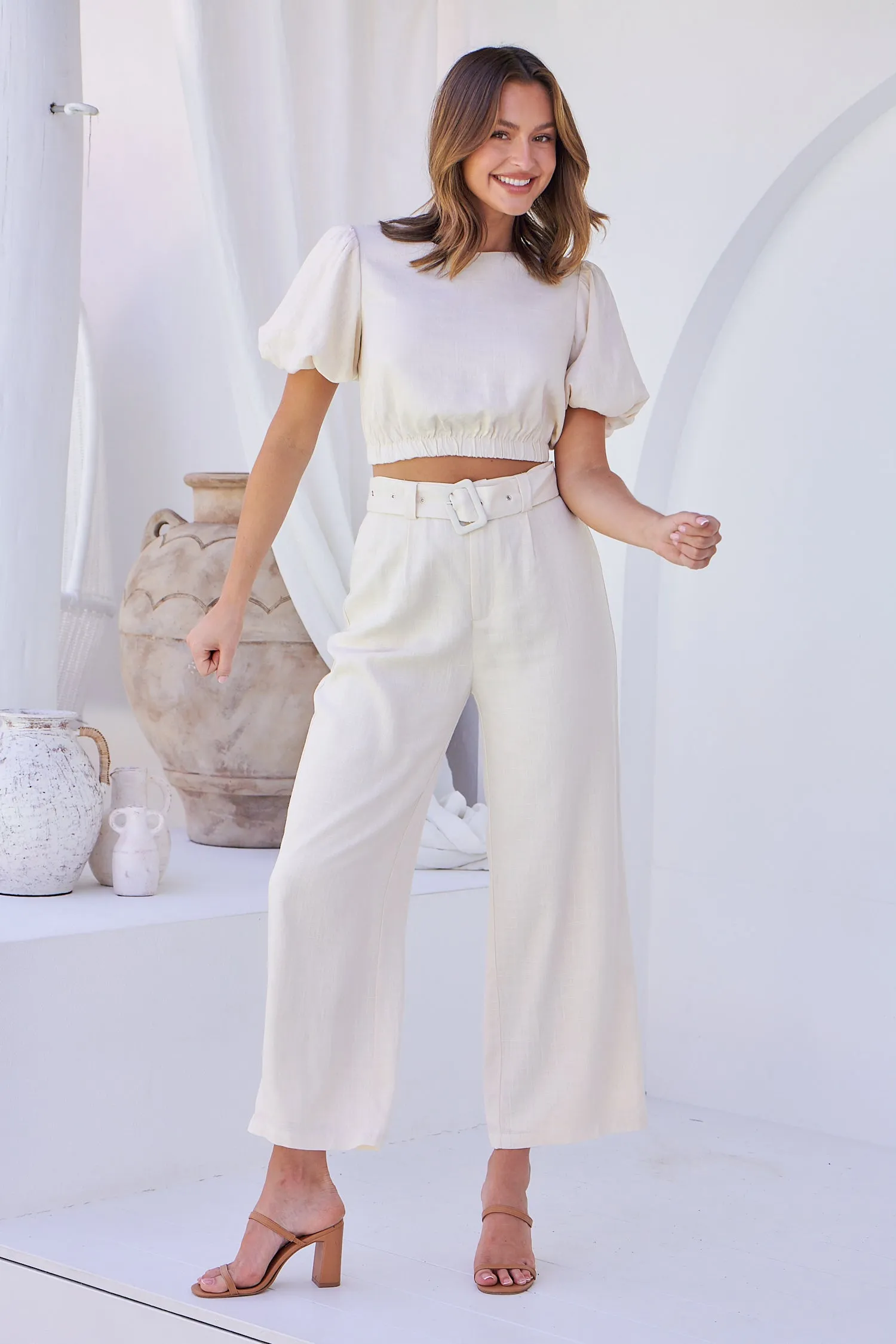 Alina Cream Top and Belted Pant Set