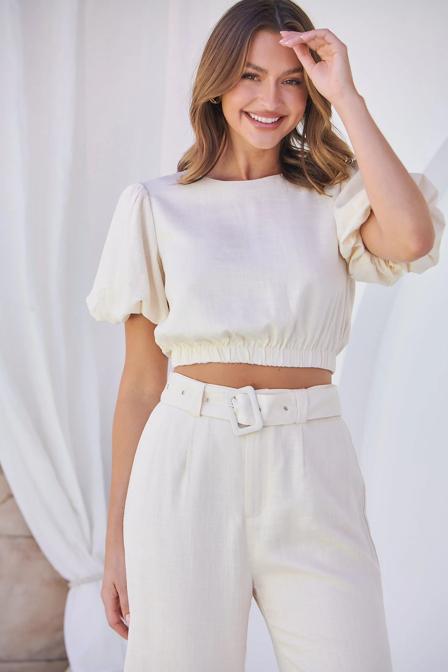 Alina Cream Top and Belted Pant Set