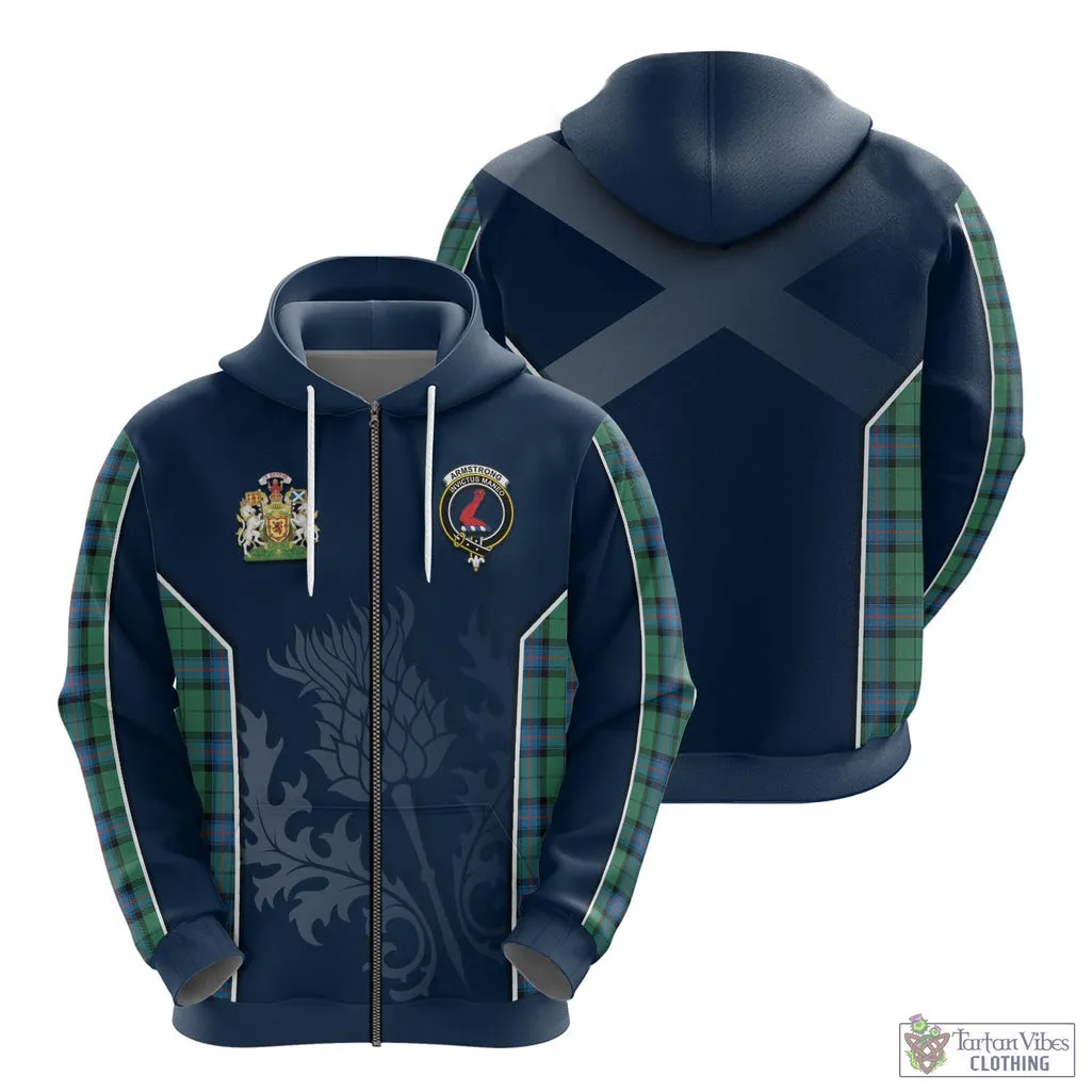 Armstrong Ancient Tartan Hoodie with Family Crest and Scottish Thistle Vibes Sport Style