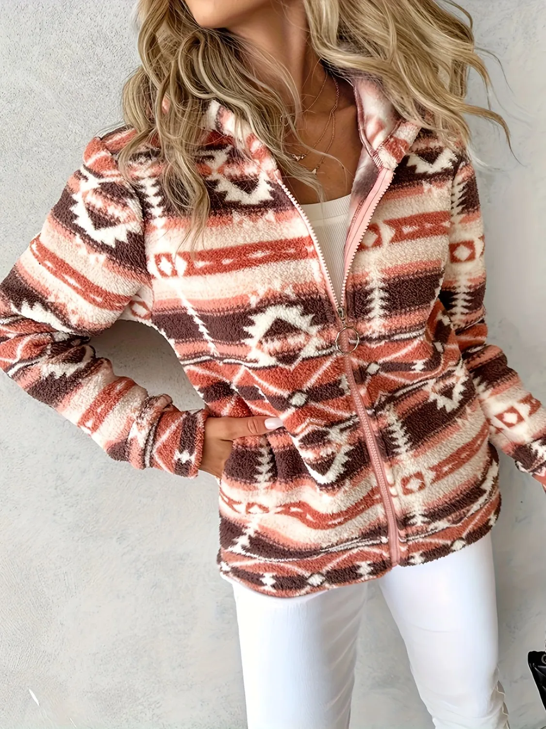 Aztec Zip Up Long Sleeve Hooded Jacket