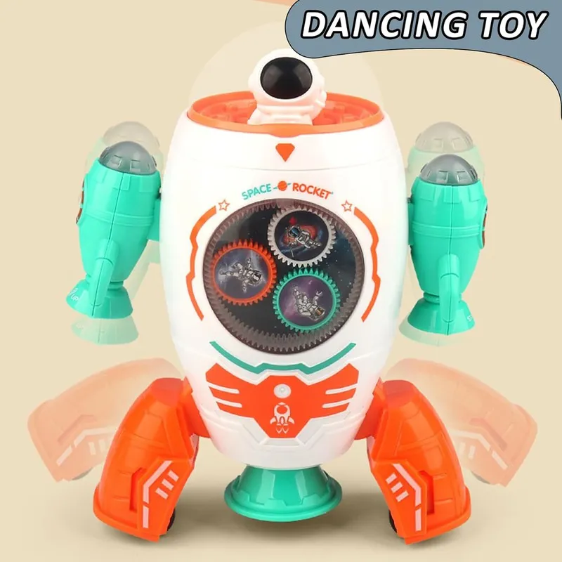 Battery Operated Musical Space Rocket Toy for Kids Dancing Electric Walking Toy, 360 Degree Rotating Space Ship with Lights