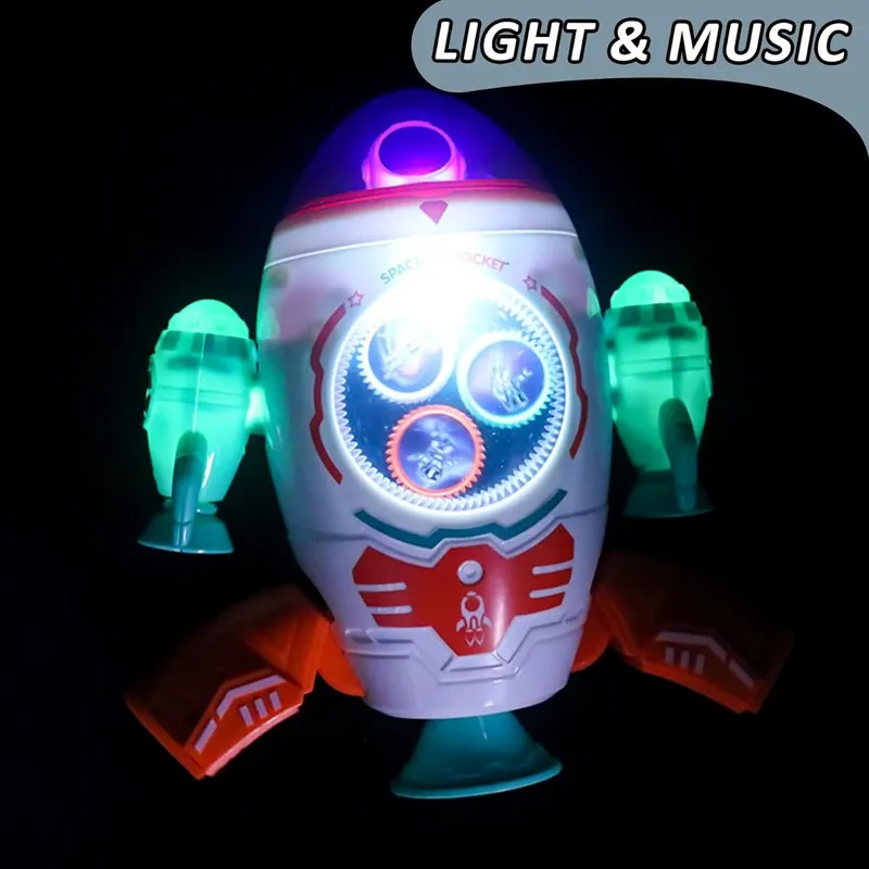 Battery Operated Musical Space Rocket Toy for Kids Dancing Electric Walking Toy, 360 Degree Rotating Space Ship with Lights