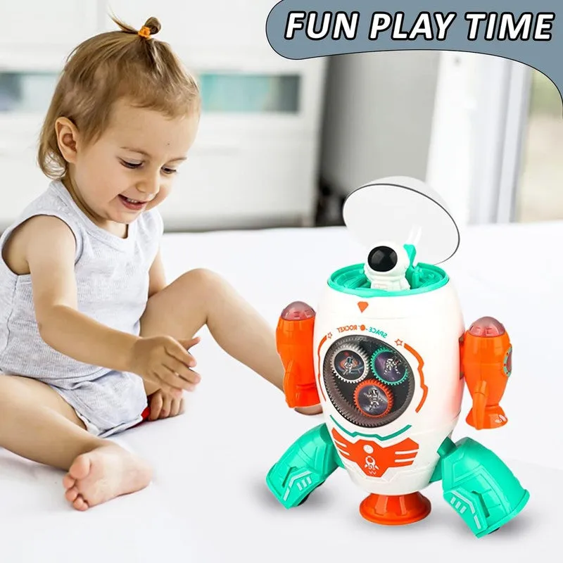 Battery Operated Musical Space Rocket Toy for Kids Dancing Electric Walking Toy, 360 Degree Rotating Space Ship with Lights