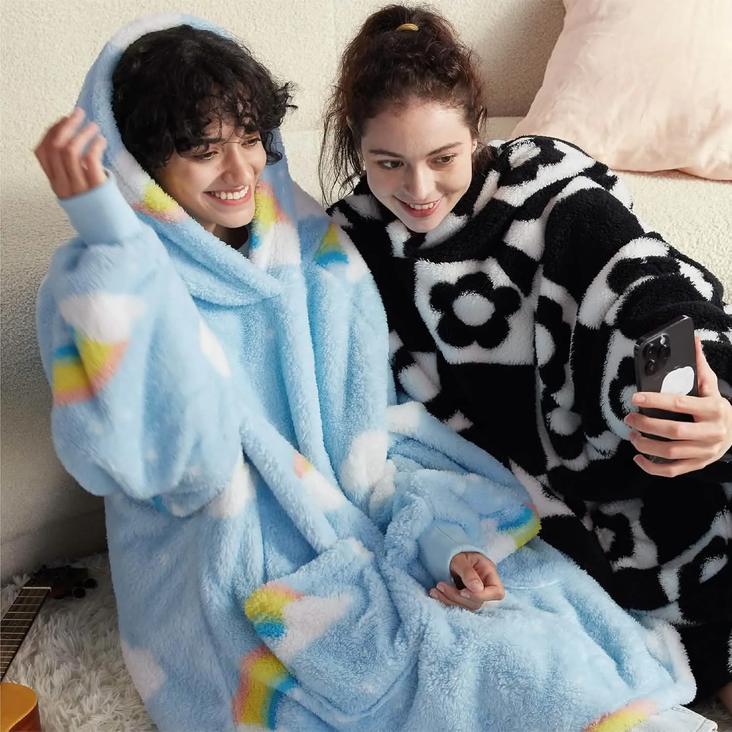 Bedsure Printed Shaggy Sherpa Blanket Hoodie Sea Foam