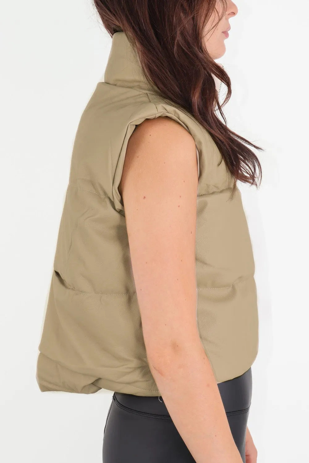 Beige Cropped Faux Leather Puffer Gilet