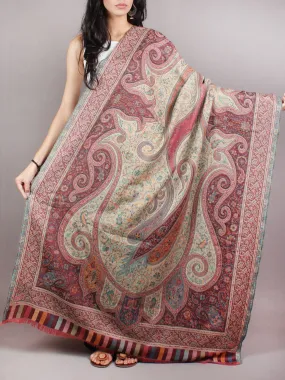 Beige Maroon Green Pure Wool Kani Jamawar Cashmere Shawl From Kashmir - S200101