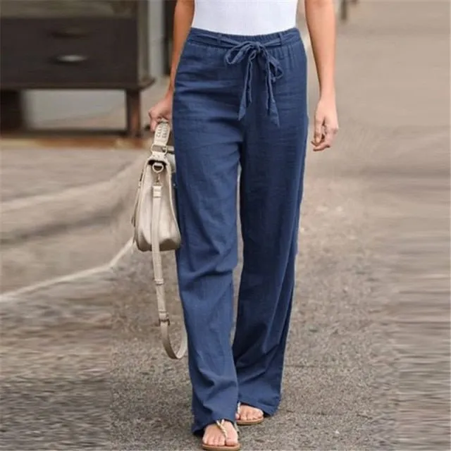 Belted Elastic High Waist Wide Leg Pants