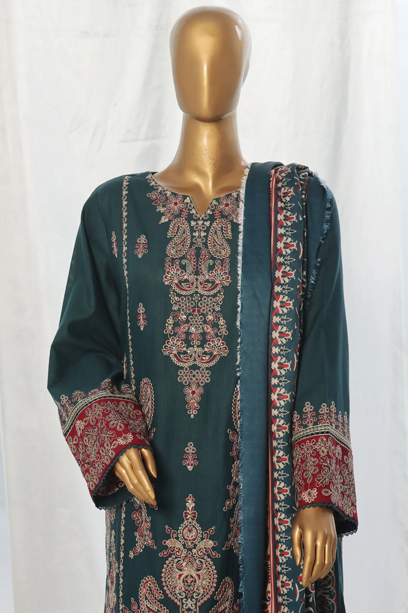 Bin Saeed Stitched 3 Piece Exclusive Slub Emb Khaddar Vol-03 Collection'2024-WKK-1280-Green