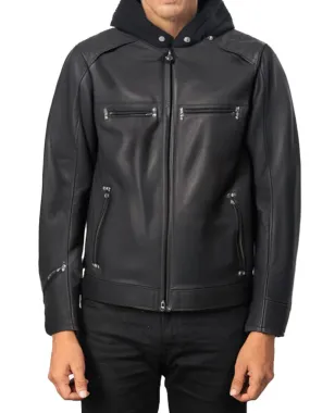 Black Biker Hooded Style Leather Jacket