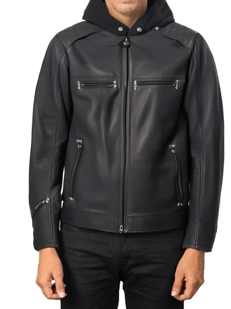 Black Biker Hooded Style Leather Jacket