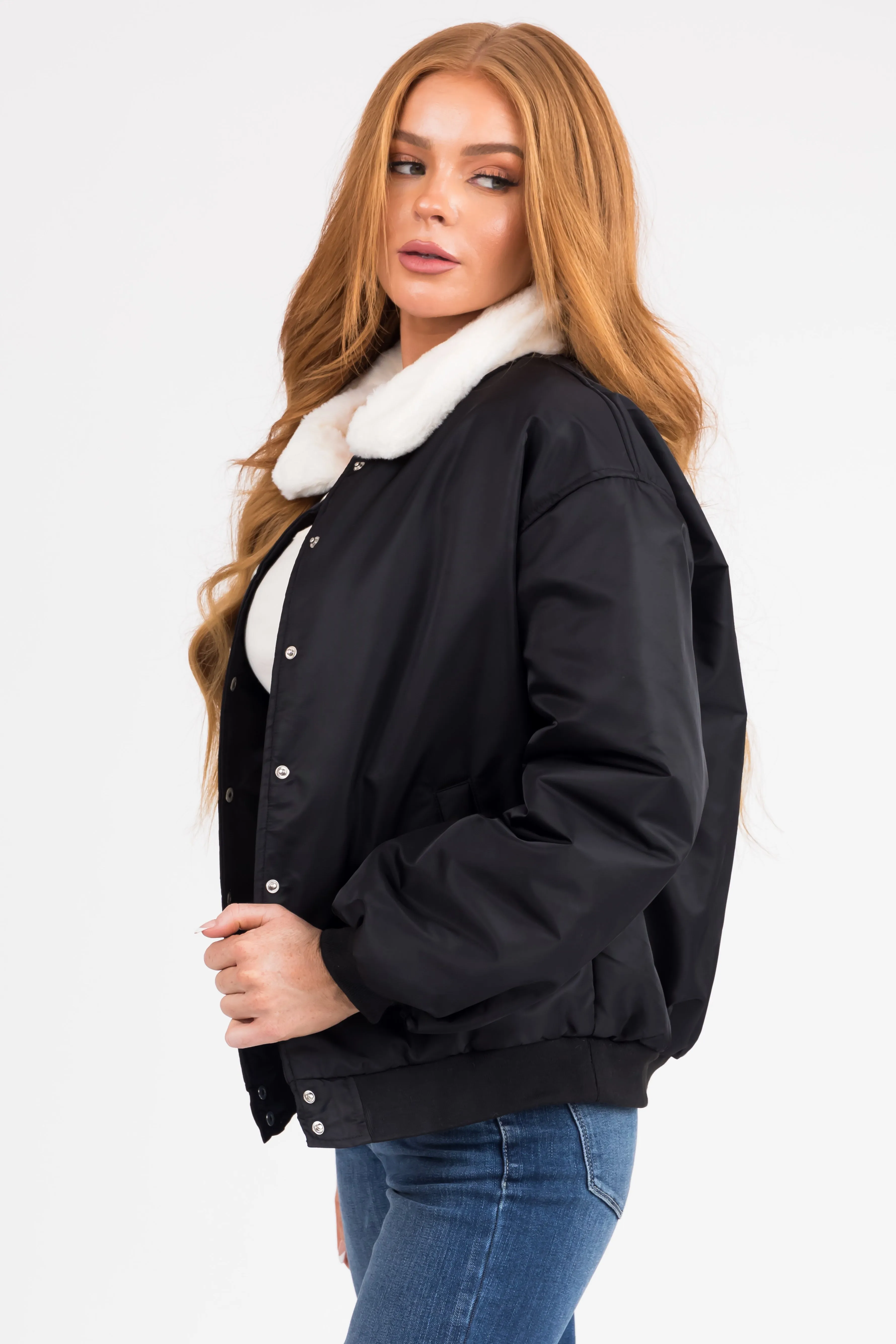 Black Button Down Faux Fur Collar Bomber Jacket