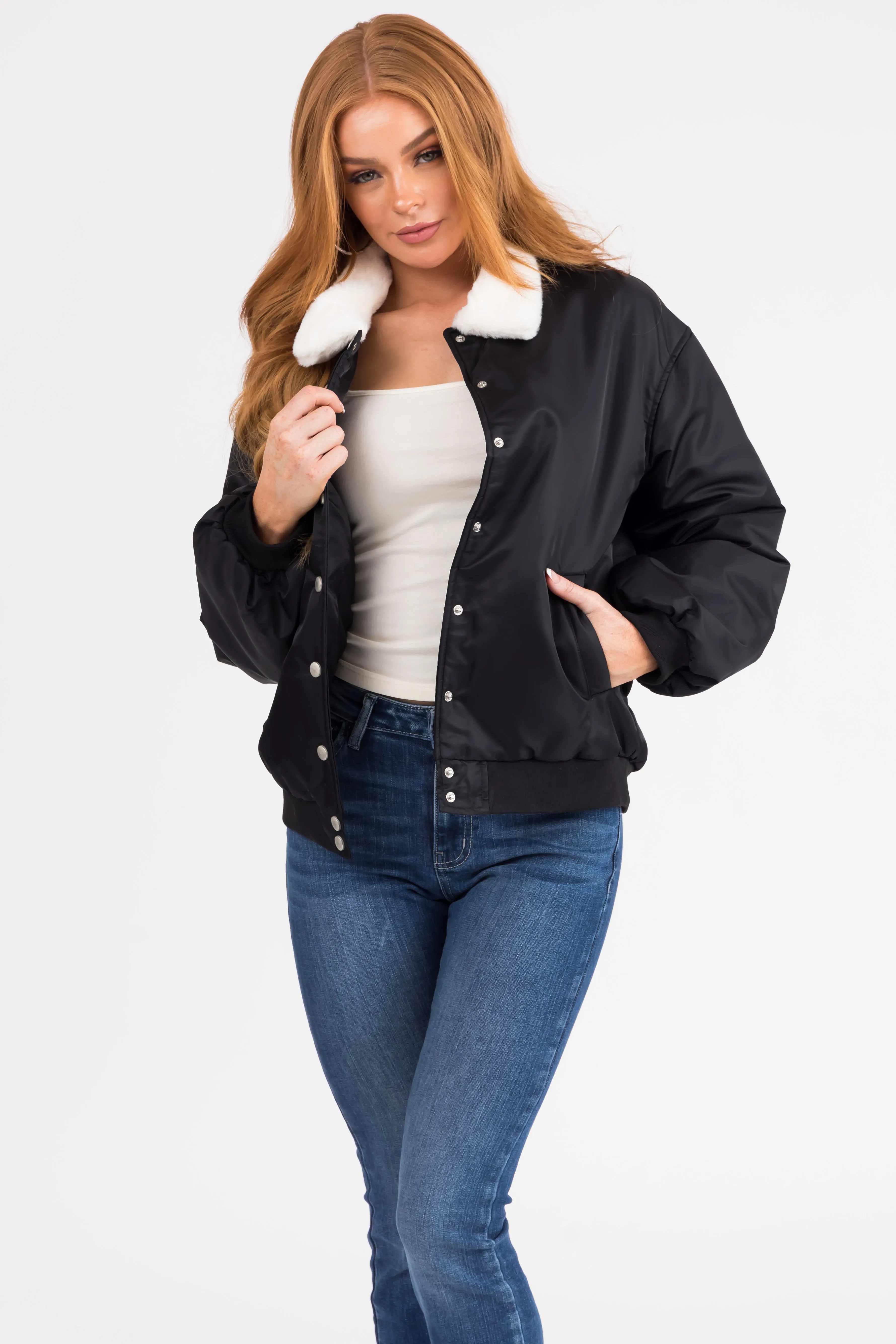 Black Button Down Faux Fur Collar Bomber Jacket