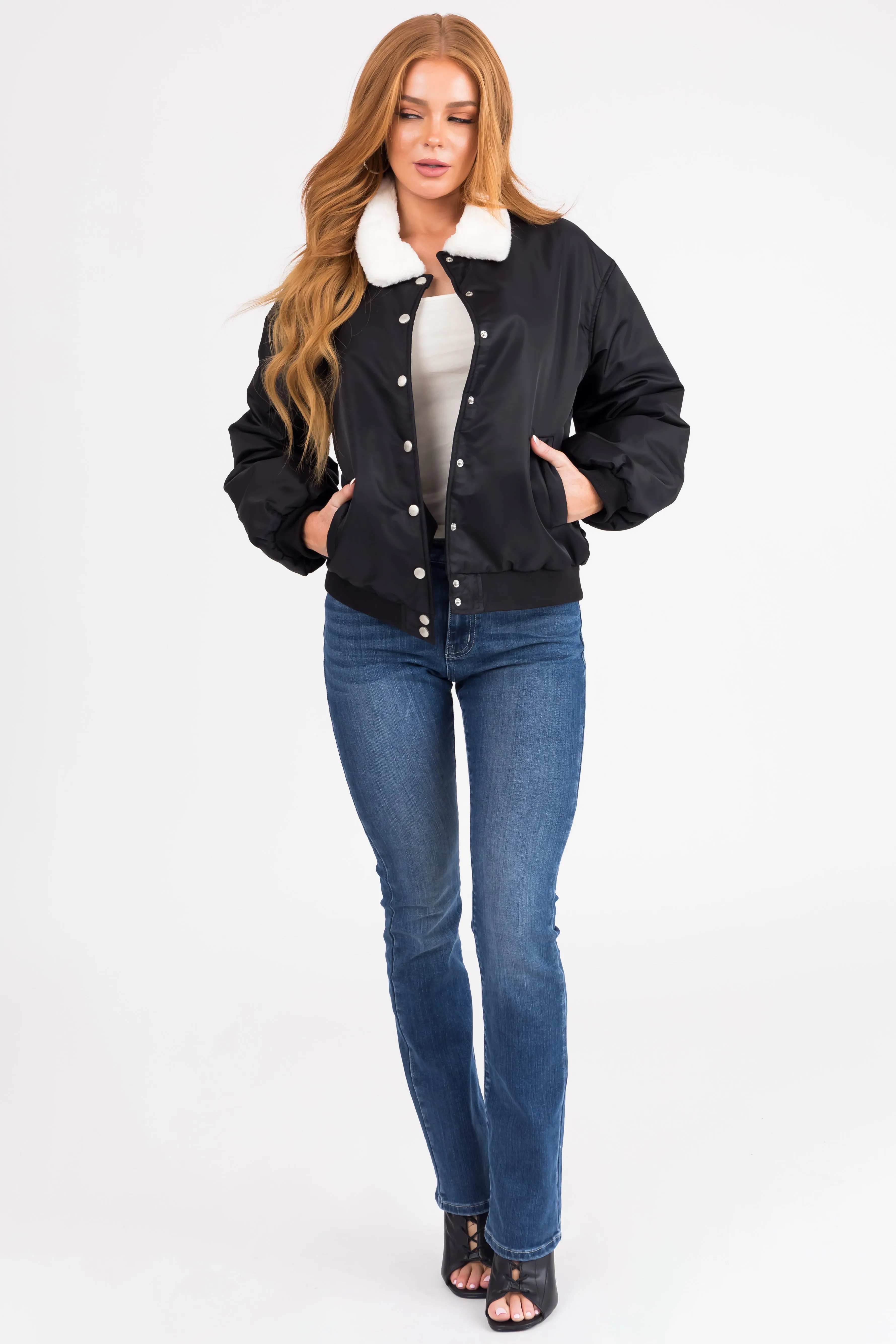 Black Button Down Faux Fur Collar Bomber Jacket