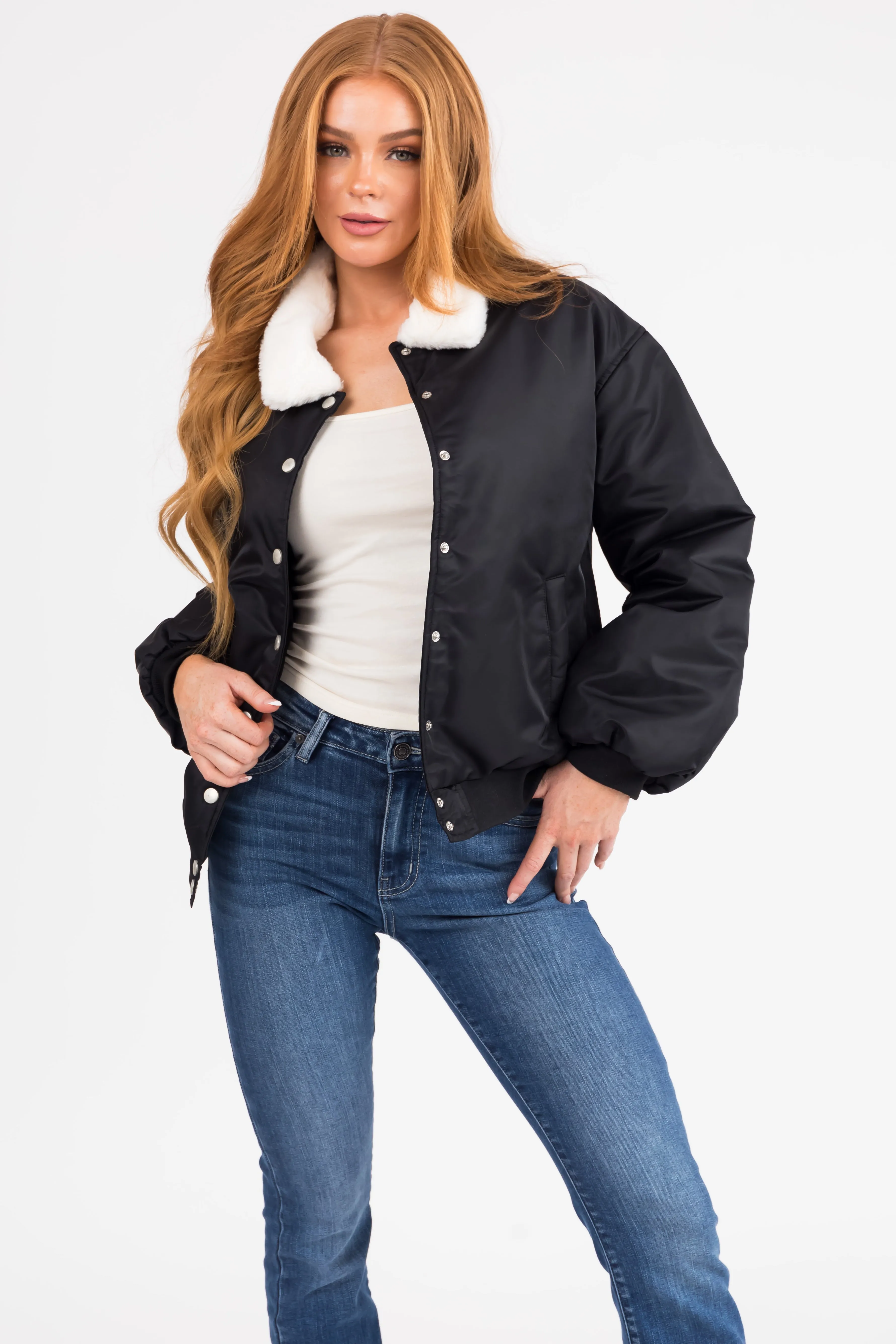 Black Button Down Faux Fur Collar Bomber Jacket