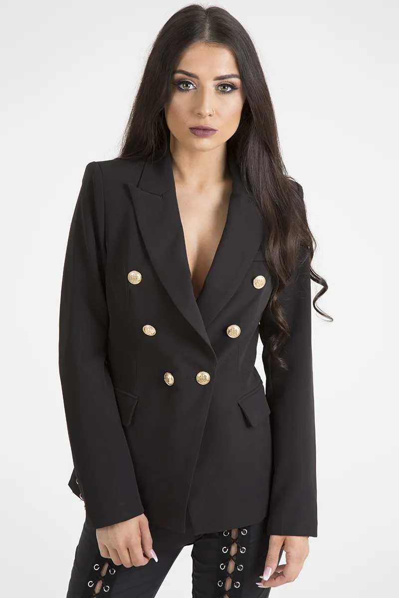 Black Fitted Gold Button Blazer - Mei