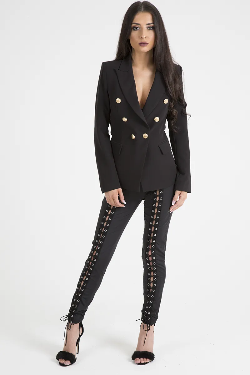 Black Fitted Gold Button Blazer - Mei