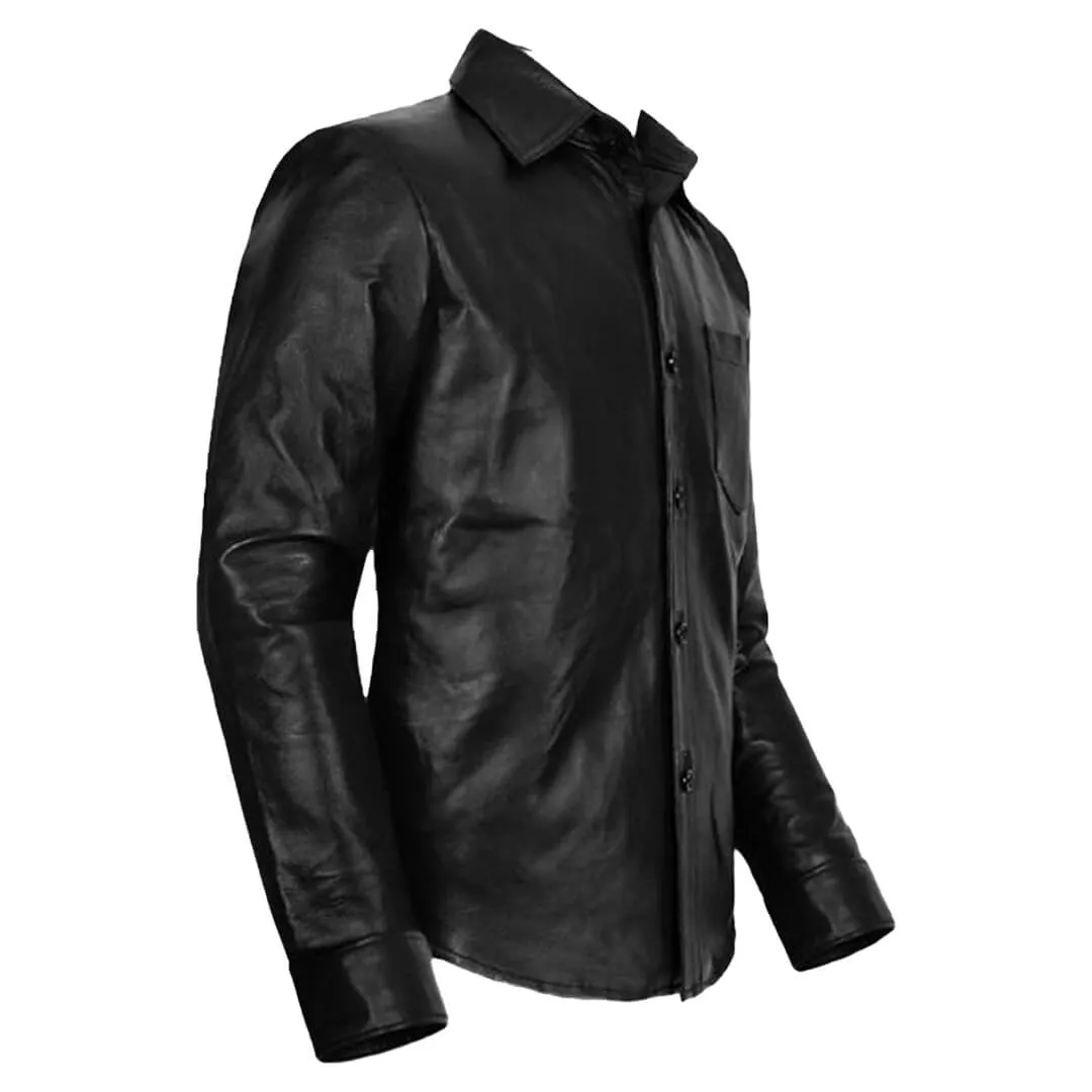 Black Slim-Fit Lambskin Leather Shirt