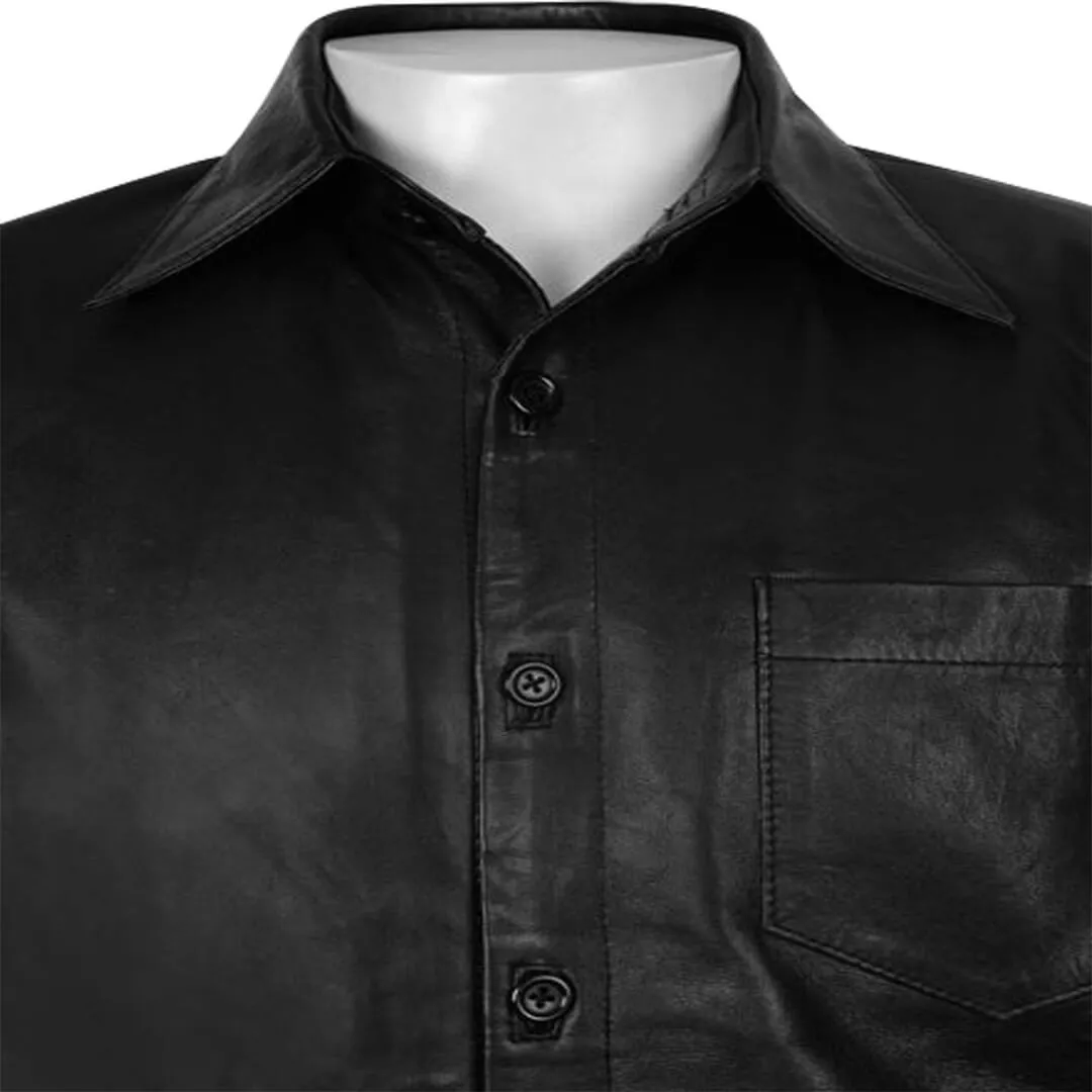 Black Slim-Fit Lambskin Leather Shirt