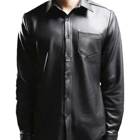 Black Slim-Fit Lambskin Leather Shirt