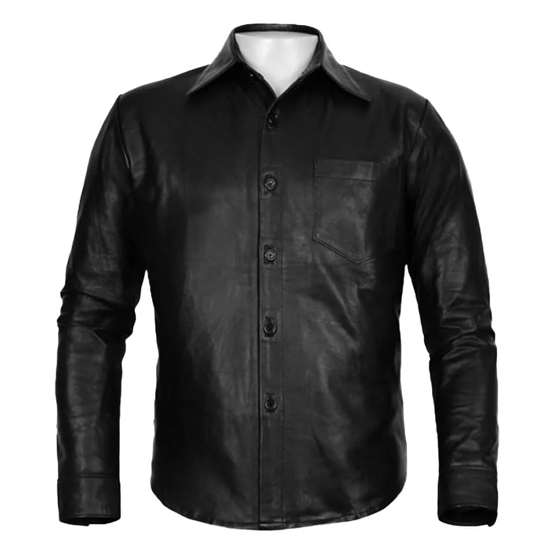 Black Slim-Fit Lambskin Leather Shirt