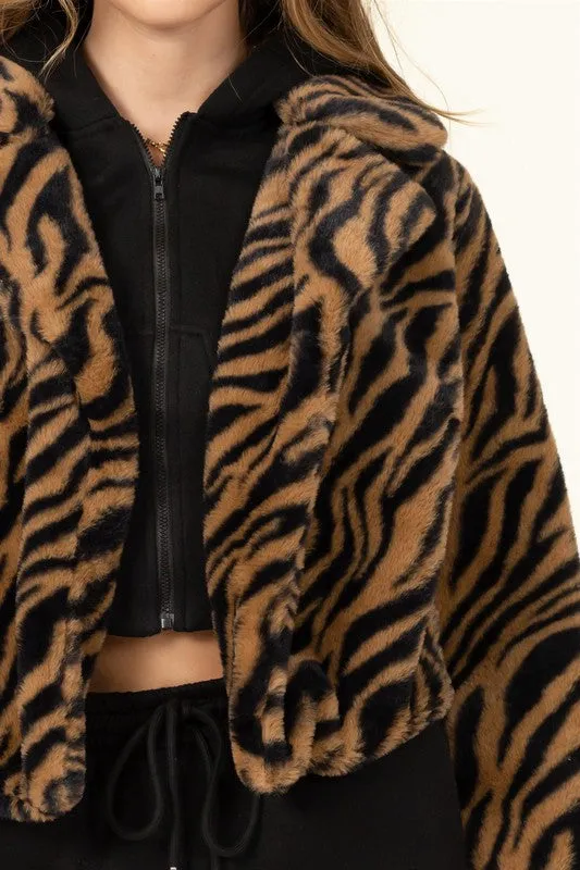 Brown Zebra Relaxing Made Patterned Fur Jacket