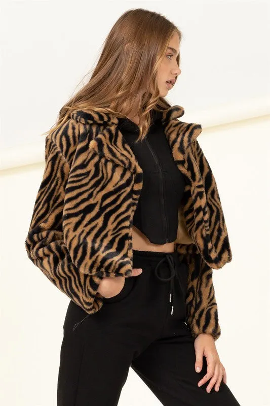 Brown Zebra Relaxing Made Patterned Fur Jacket