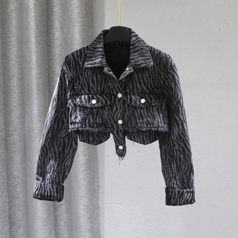 Casual Zebra Pattern Denim Jacket For Women Lapel Long Sleeve Korean Short Loose Jackets Female Spring Fashion