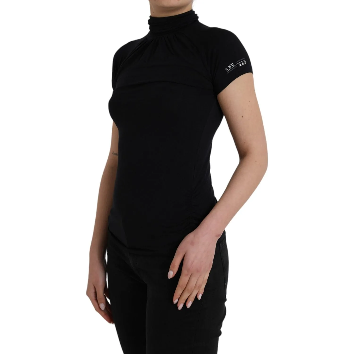 Costume National Black Turtleneck Viscose Short Sleeve Top