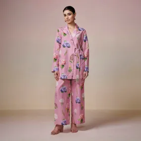 Cotton Linen Pink Kurta Pant Set | Tie-Up | Printed