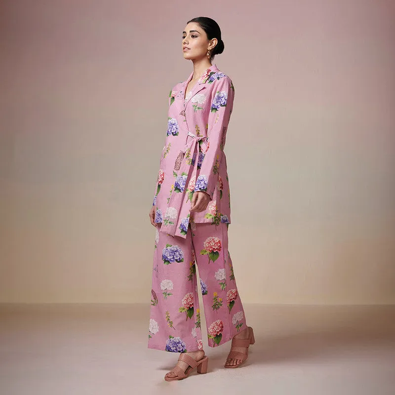 Cotton Linen Pink Kurta Pant Set | Tie-Up | Printed