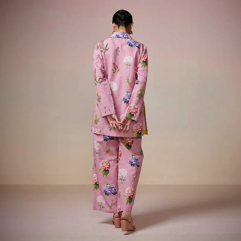 Cotton Linen Pink Kurta Pant Set | Tie-Up | Printed