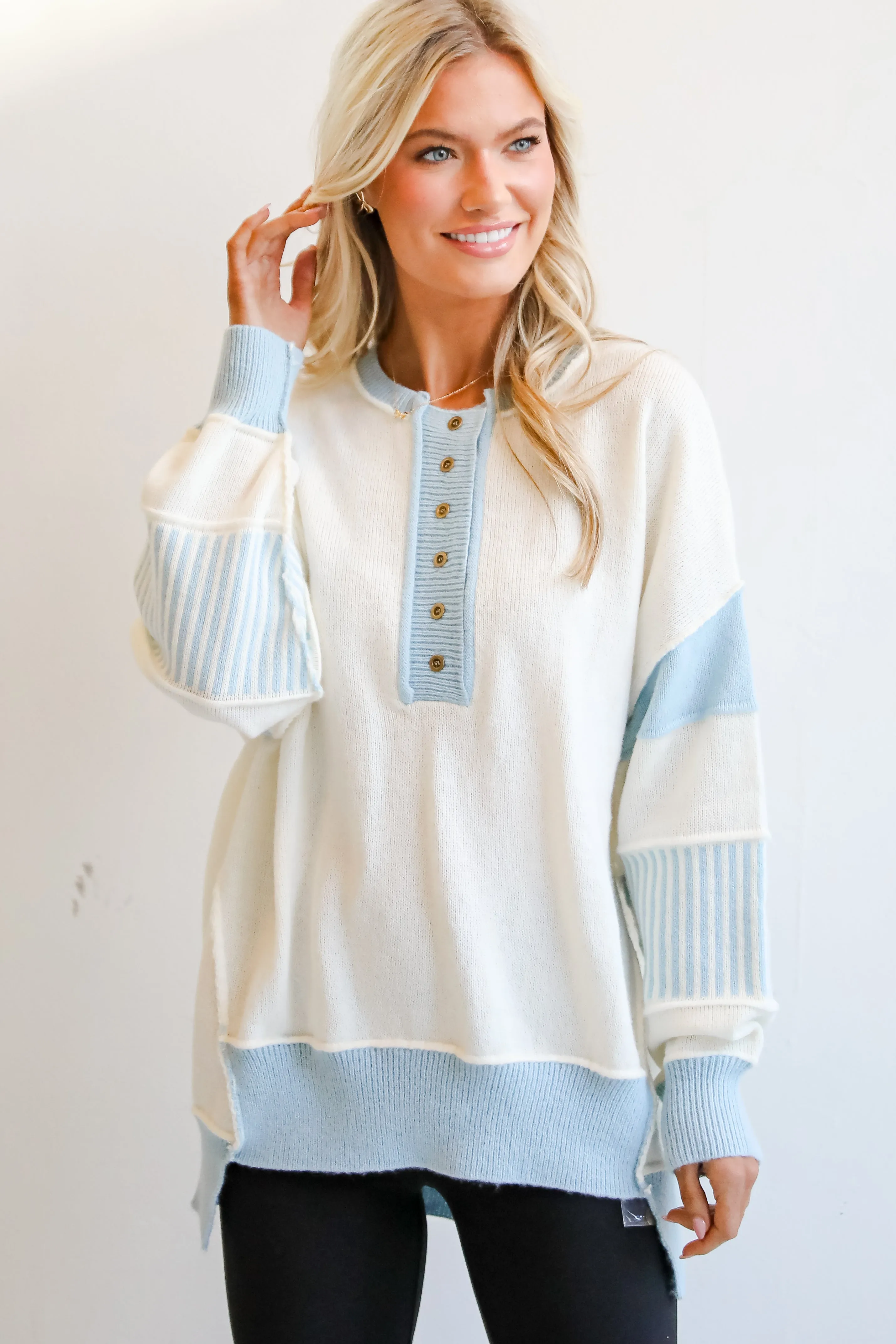 Coziest Babe Off White Color Block Oversized Sweater