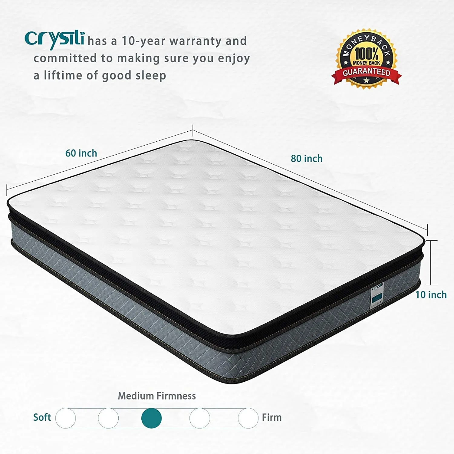 Crystli 10-Inch Hybrid Memory Foam Mattress w/Innerspring Pressure Relief Zones (100 night Trial)