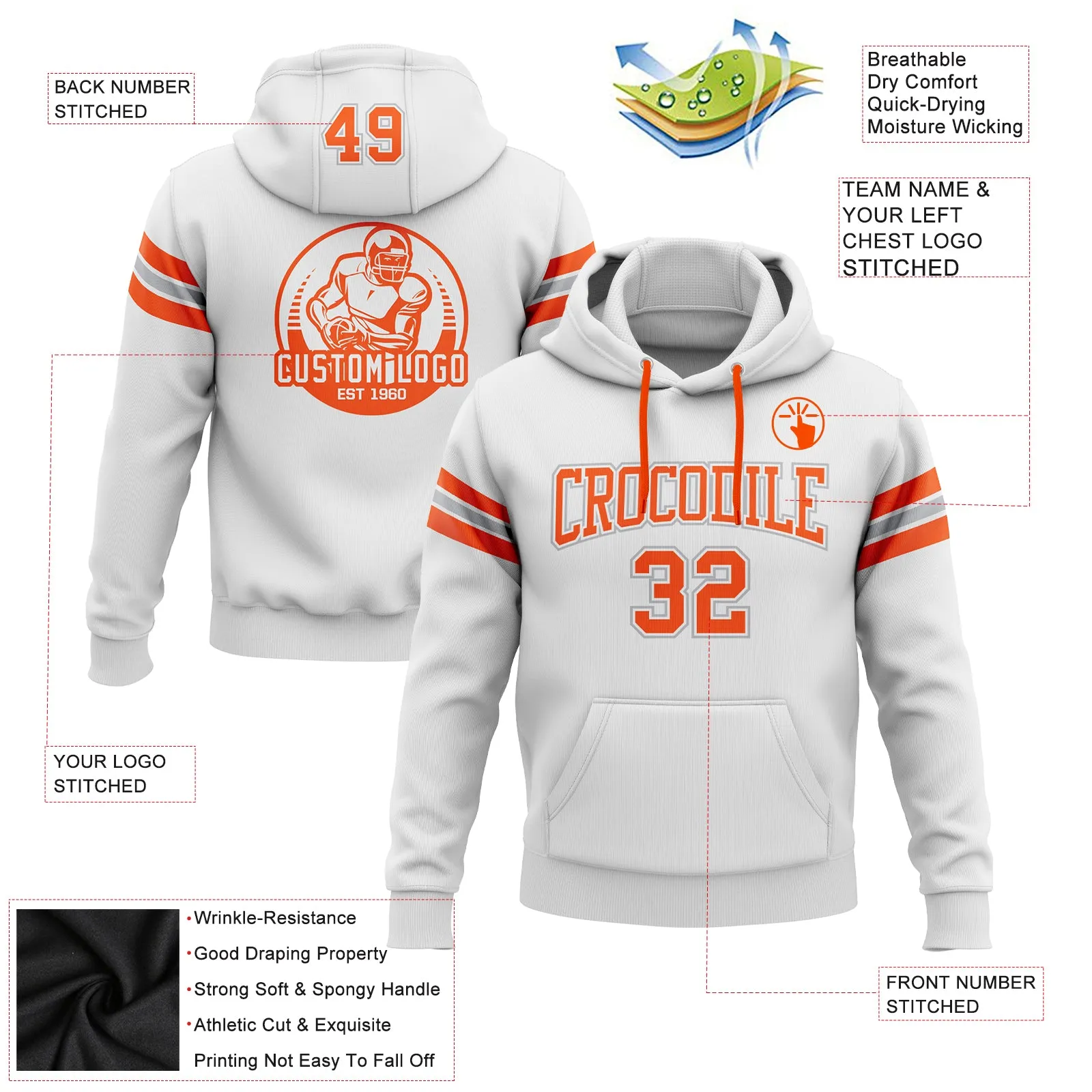 Custom Stitched White Orange-Gray Football Pullover Sweatshirt Hoodie