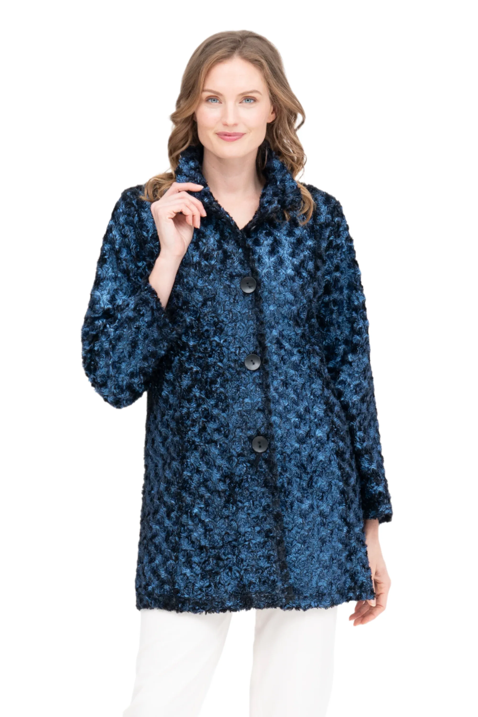 Damee Jacquard Swirl Button Front Jacket in Blue - 4924-BLU