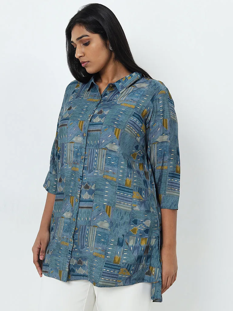 Diza Blue Ikat-Printed High-Low Tunic