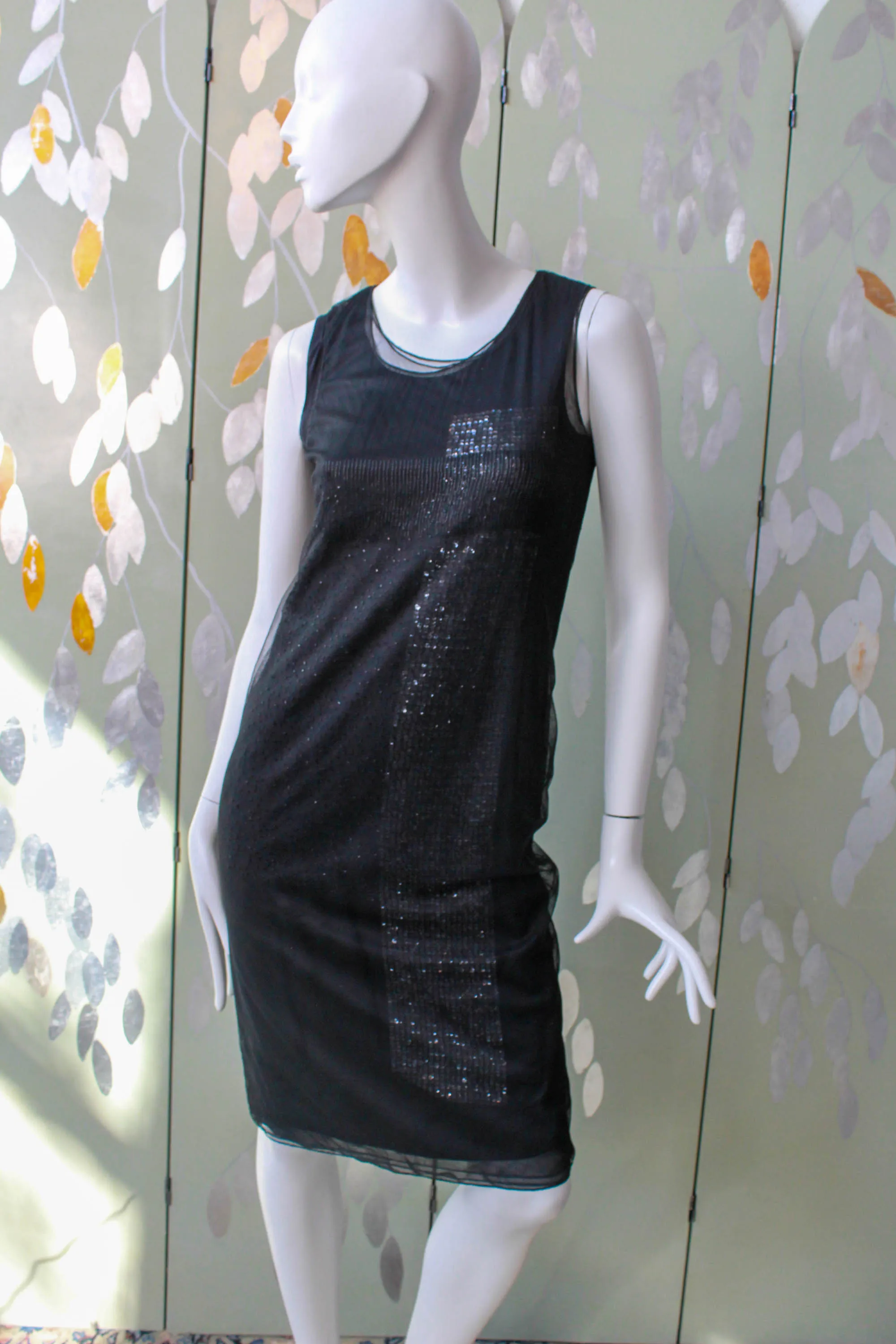 DKNY Black Sequin and Beaded Dress with Chiffon and Tulle, Small