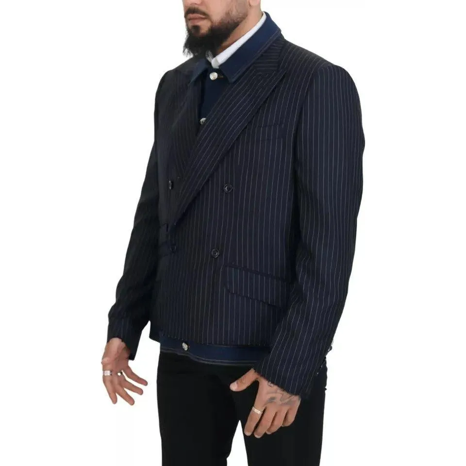 Dolce & Gabbana Blue Striped Double Breasted Denim Blazer