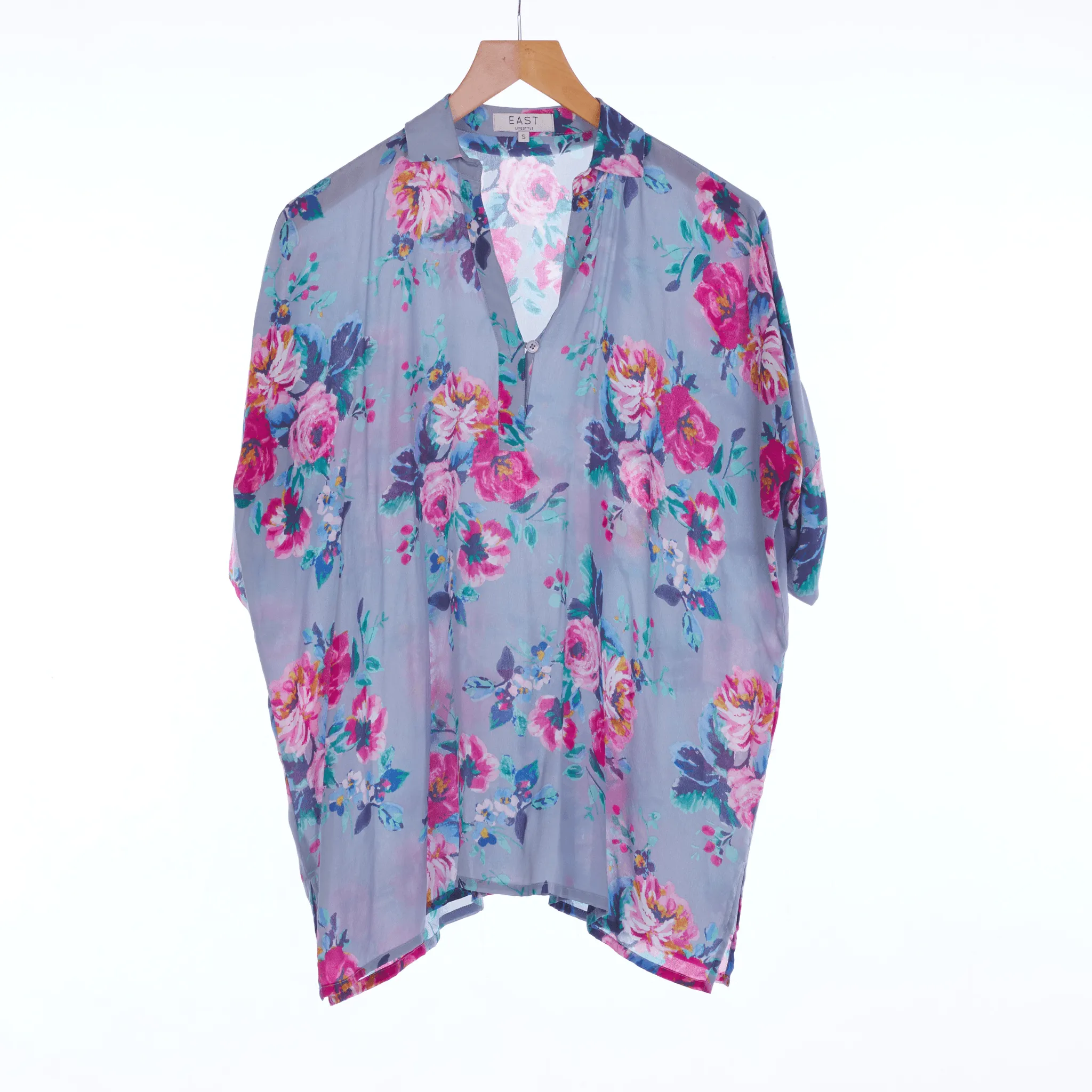 East Silk Short Sleeved Light Blue Floral Blouse UK Size Small