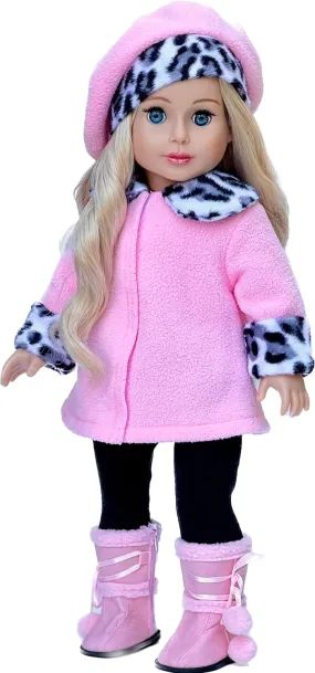 Elegance - Clothes for 18 inch Doll - Pink Fleece Coat, matching Hat, Black Pants and Pink Boots