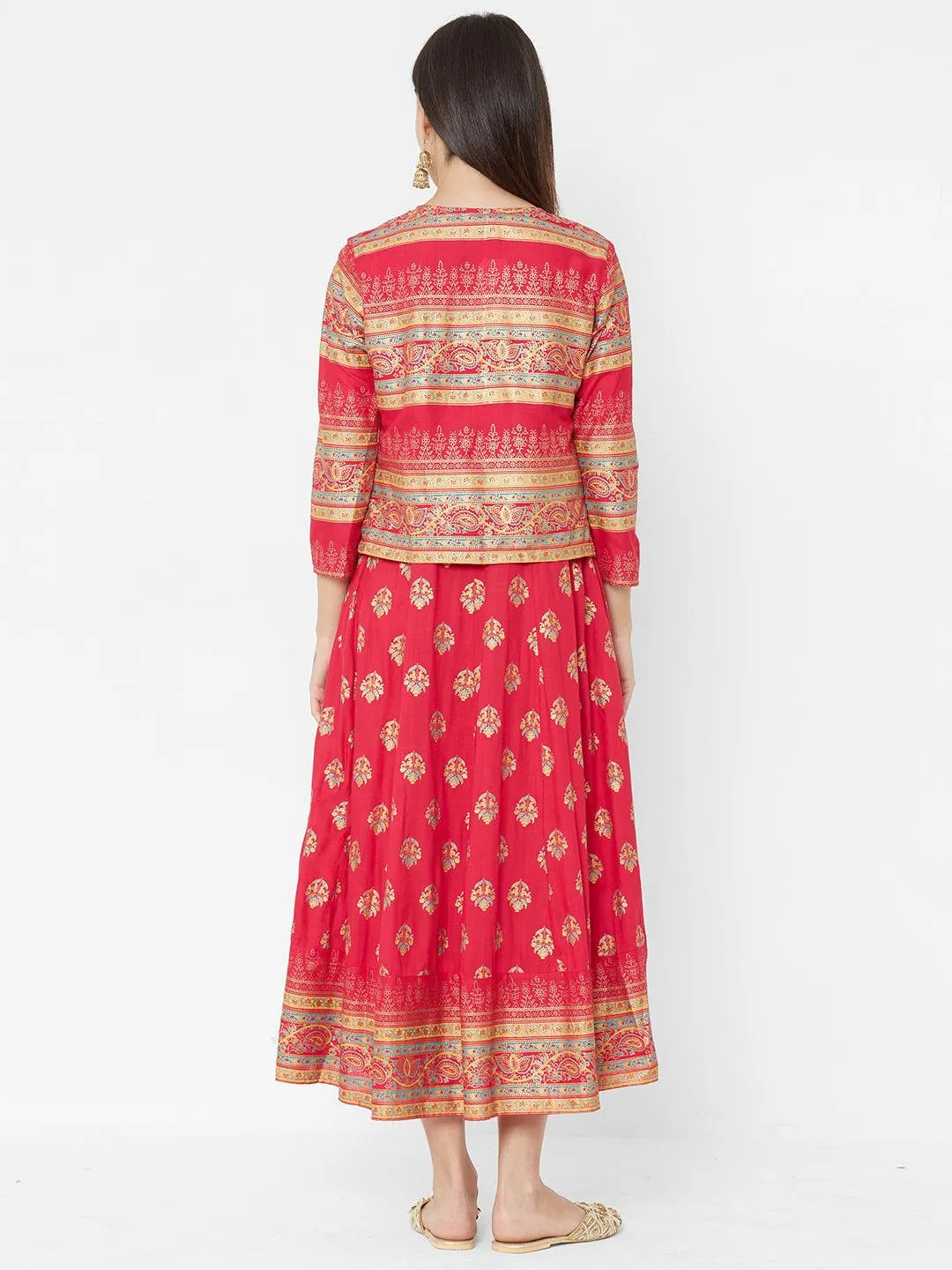 Ethnic Foil Printed Dress with Heavy Foil Printed Jacket – Pink